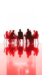 A high-resolution, photorealistic image of business people sitting around a table in an office meeting room with a white background
