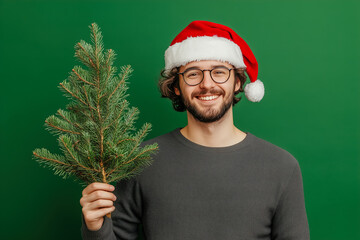 A cheerful man wearing a Santa hat holds a small evergreen branch in front of a bright green...