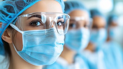 Doctors and nurses assisting a patient in an advanced intensive care unit Stock Photo with side copy space