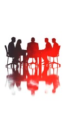 A high-resolution, photorealistic image of business people sitting around a table in an office meeting room with a white background
