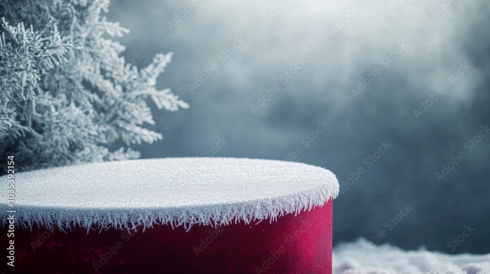 Aufkleber a red cylinder is sitting in the snow, covered in a thick layer of white frost. a frost-covered tree