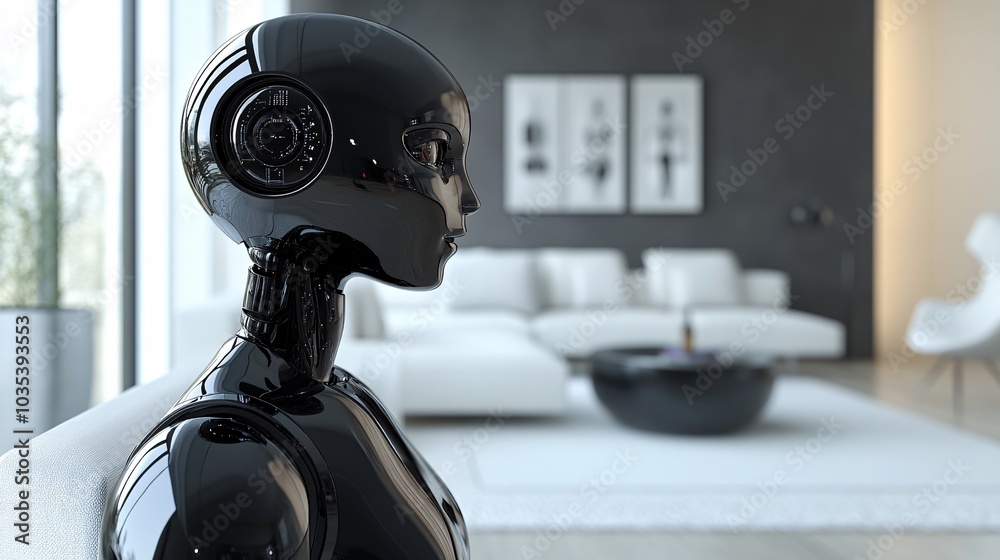 Poster humanoid assistant with a sleek design standing in a futuristic home environment stock photo with si