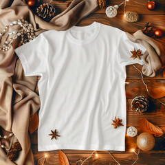 Mockup of a white t-shirt lying on the cosy holiday table.  white t-shirt lying on the home table. Mockup of a white t-shirt lying on holiday bed. White t-shirt lying on the cosy home bed.