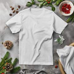 Mockup of a white t-shirt lying on the cosy holiday table.  white t-shirt lying on the home table. Mockup of a white t-shirt lying on holiday bed. White t-shirt lying on the cosy home bed.