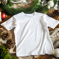 Mockup of a white t-shirt lying on the cosy holiday table.  white t-shirt lying on the home table. Mockup of a white t-shirt lying on holiday bed. White t-shirt lying on the cosy home bed.