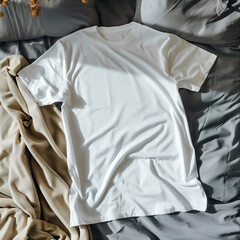 Mockup of a white t-shirt lying on the cosy holiday table.  white t-shirt lying on the home table. Mockup of a white t-shirt lying on holiday bed. White t-shirt lying on the cosy home bed.