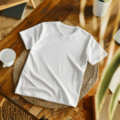 Mockup of a white t-shirt lying on the cosy holiday table.  white t-shirt lying on the home table. Mockup of a white t-shirt lying on holiday bed. White t-shirt lying on the cosy home bed.