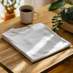 Mockup of a white t-shirt lying on the cosy holiday table.  white t-shirt lying on the home table. Mockup of a white t-shirt lying on holiday bed. White t-shirt lying on the cosy home bed.