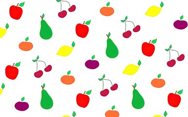 
Stylized ornament fruits and berries seamless pattern. Cartoon fruits and berries art drawing print design on fabric and paper, juice packaging, baby food. Apple, cherry, pear, plum, lemon, icon.