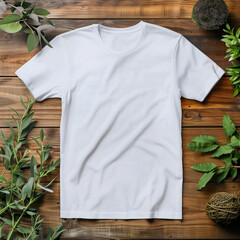 Mockup of a white t-shirt lying on the cosy holiday table.  white t-shirt lying on the home table. Mockup of a white t-shirt lying on holiday bed. White t-shirt lying on the cosy home bed.