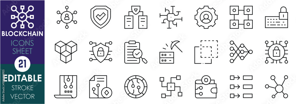 Leinwandbilder A set of line icons related to Blockchain. Decentralization, cryptocurrency, ledger, security, smart contracts, transparency, and so on. Vector editable stroke
