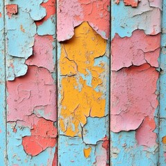 Vibrant decay of colorful paint on old wooden planks in a sunlit urban alley