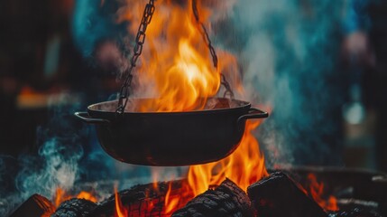 Open fire cooking with a pot hanging over flames, showcasing rustic methods and natural heat sources