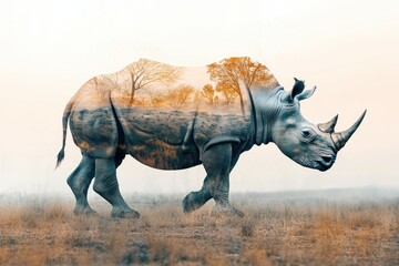 Fototapeta premium Unique double exposure of a rhino walking through an African landscape at sunset