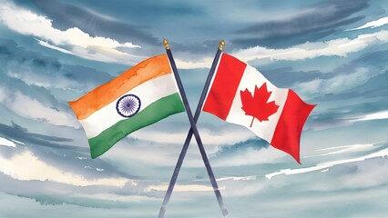 national flags of India and Canada, waving in the wind at a cloudy sky