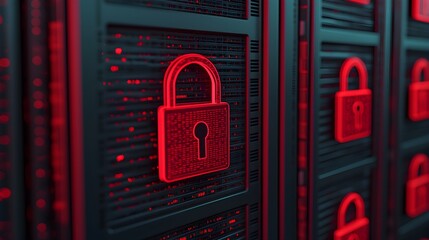 Digital security concept with glowing padlock on server rack