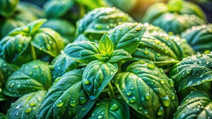 Fototapeta premium Fresh Basil Leaves in a Lush Garden - Macro Photography for Culinary Inspiration