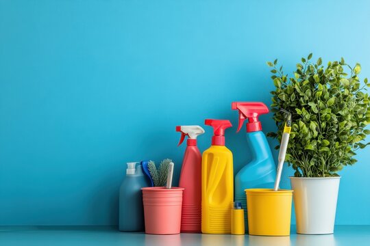 Brightly colored cleaning supplies and greenery arranged against a vibrant blue background