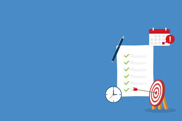 Meeting agenda. Reminder with a event list and schedule. Presentation with memo, Assignment target. Clipboard, checklist. Project task management and effective time.