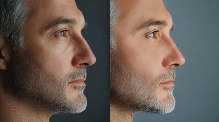 A middle-aged woman’s face reveals a stark contrast between signs of aging and a rejuvenated appearance post-cosmetic procedures highlighting the effectiveness of various treatments, rhinoplasty