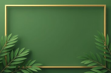 Stylish gold text frame on a green background with tropical leaves in the bottom corners, copy space