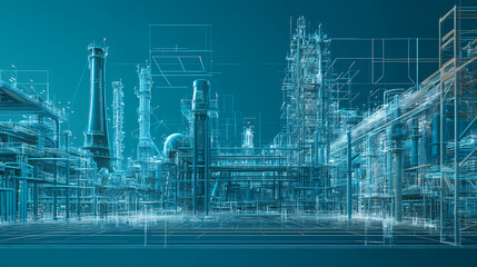A horizontal banner with units for the oil industry. A 3D illustration of an architecture building based on imagination