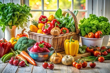 Fresh Fruits and Vegetables on Wooden Table in Bright White Kitchen for Healthy Lifestyle Inspiration