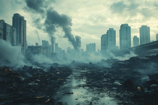 Urban landscape shrouded in smoke and debris, revealing the aftermath of industrial activity