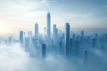 Fototapeta premium Cloudy city skyline with towering skyscrapers in soft morning light