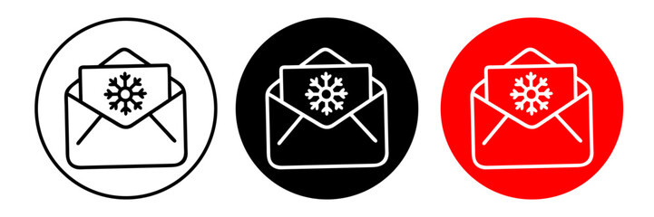 Christmas envelope with snowflake, vector illustration black silhouette on white background for sticker, print, poster, postcard. SET