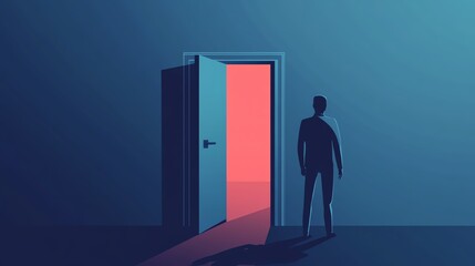 Silhouette of a person standing by an open door with a vibrant light.