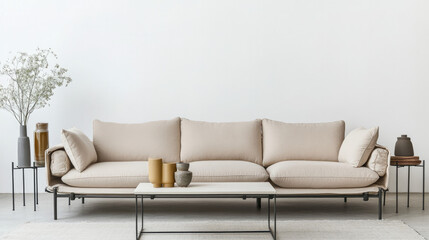 Beige Sofa with Coffee Table and Vases on White Background for Minimalist Boho Interior Design
