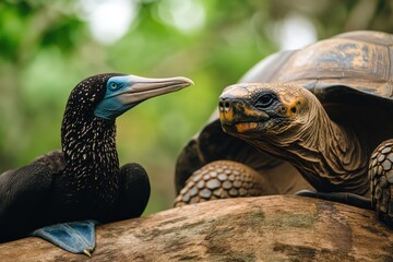 A black bird and a tortoise share a moment on a log in a lush, green environment, showcasing an intriguing interaction between species.
