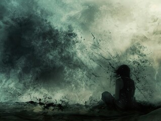 Obraz premium Silhouette of a Woman Facing the Storm: A Moment of Reflection