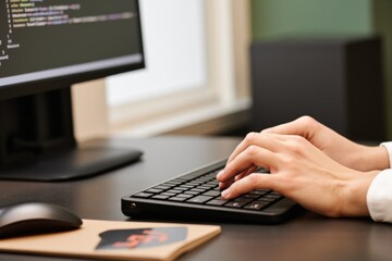 Close-up of hands typing on black keyboard while looking at computer monitor in modern office environment. Mouse and mousepad visible on desk with a blurred background