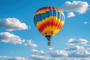 Fototapeta premium A vibrant hot air balloon gliding over a serene landscape under a bright blue sky