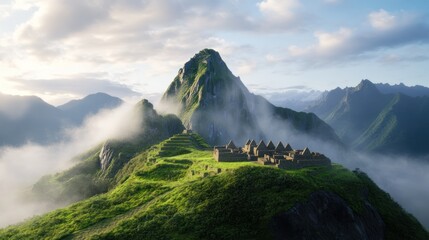 A breathtaking aerial view of Machu Picchu, showcasing its ancient ruins amidst lush green mountains and misty clouds under a bright sky.