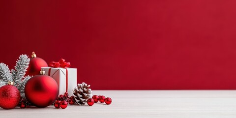 Holiday Decorations with Red Ornaments and Gift Box