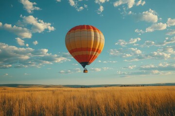 Obraz premium A vibrant hot air balloon gracefully floats above golden fields under a sunny sky