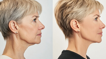 A middle-aged woman’s face is split in half, revealing the contrast between signs of aging and the rejuvenated appearance after cosmetic procedures and treatments, facelift and facial surgery, botox, 