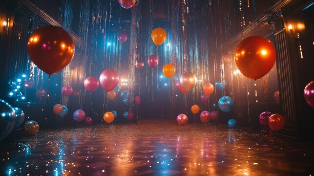 The venue is adorned with balloons and disco balls creating a nostalgic atmosphere of an adult theme