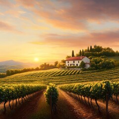 Obraz premium A serene vineyard at sunset featuring rolling hills and a quaint house, evoking tranquility and natural beauty.