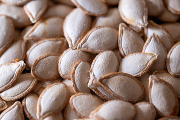 A close up of many white seeds, possibly pumpkin seeds. The seeds are spread out and appear to be in various sizes. Concept of abundance and variety, as the seeds are scattered across the entire frame