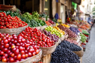 A vibrant market scene filled with an array of fresh fruits and vegetables displayed in baskets, showcasing colorful produce under natural light.