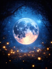 A luminous full moon surrounded by a starry night sky, glowing softly amidst enchanting blue hues and twinkling lights.