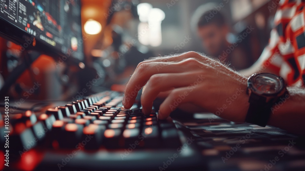 Aufkleber a focused individual types rapidly on a mechanical keyboard, immersed in a competitive online game. 
