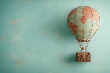 Colorful hot air balloon with a world map, floating gently against a serene turquoise backdrop