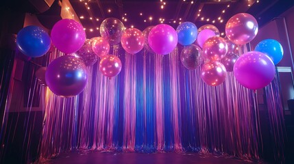 The venue is adorned with balloons and disco balls creating a nostalgic atmosphere of an adult theme
