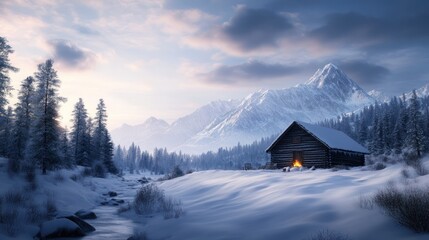A serene winter landscape featuring a cozy cabin surrounded by snow-covered mountains and evergreen trees under a cloudy sky.