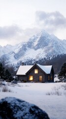 Fototapeta premium A cozy log cabin sits amidst snow-covered mountains, illuminated by warm light, creating a serene winter landscape.